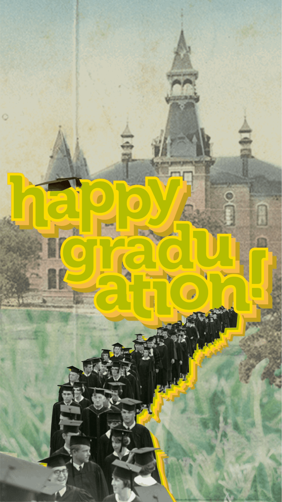 set against a vintage postcard of a university building is photo of a line of graduates. happy graduates flashes in bright, vintage colors as a graduation cap flies up and down.