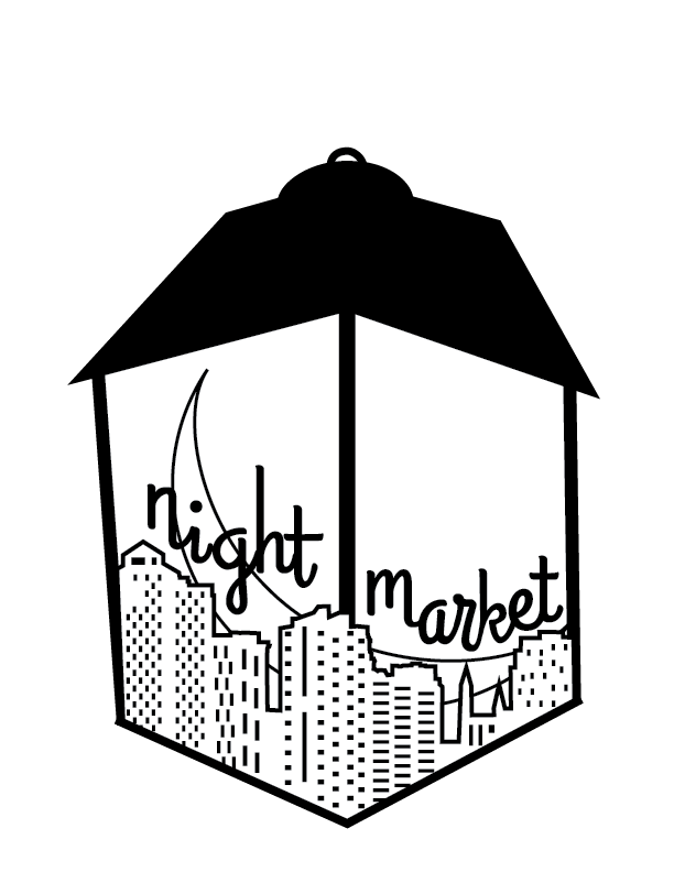in a lamp, a city skyline sits across a sliver of a moon with the words night market following the skyline.