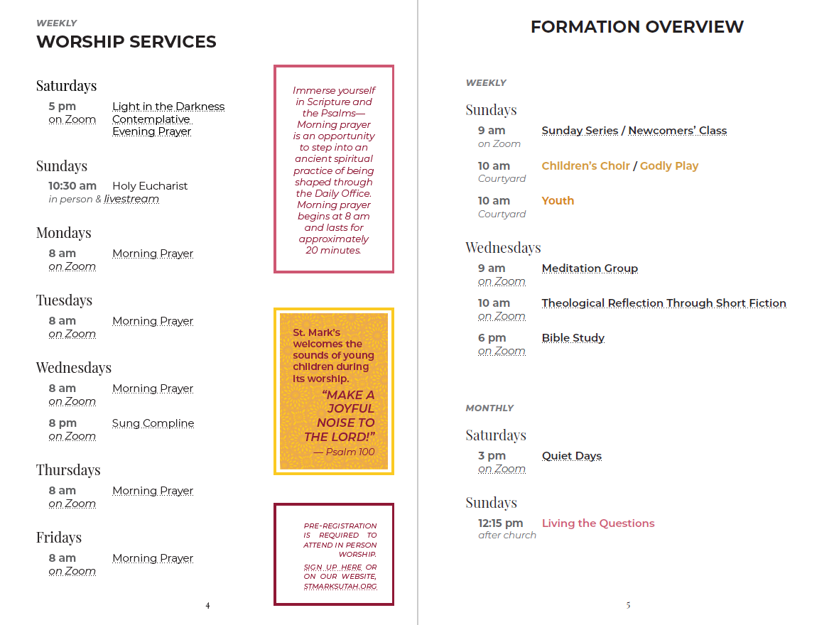 a preview of four pages of a formation catalog, showing a schedule, an introductory letter, and a table of contents. the colors are bright jewel tones.