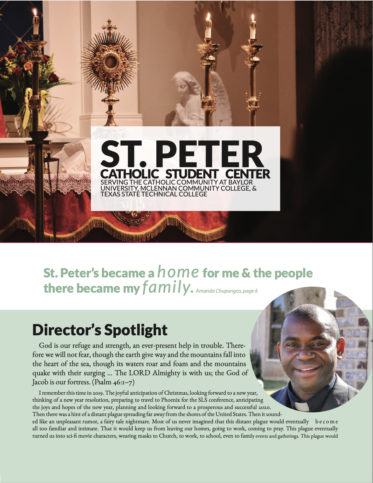 first page of a newsletter; it uses soft colors and a sharp font, and describes the student center as a family amidst the tumlutuous first year of the covid-19 pandemic